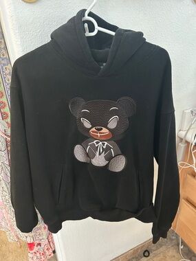 Black Men's Hoodie with Teddy Bear Graphic